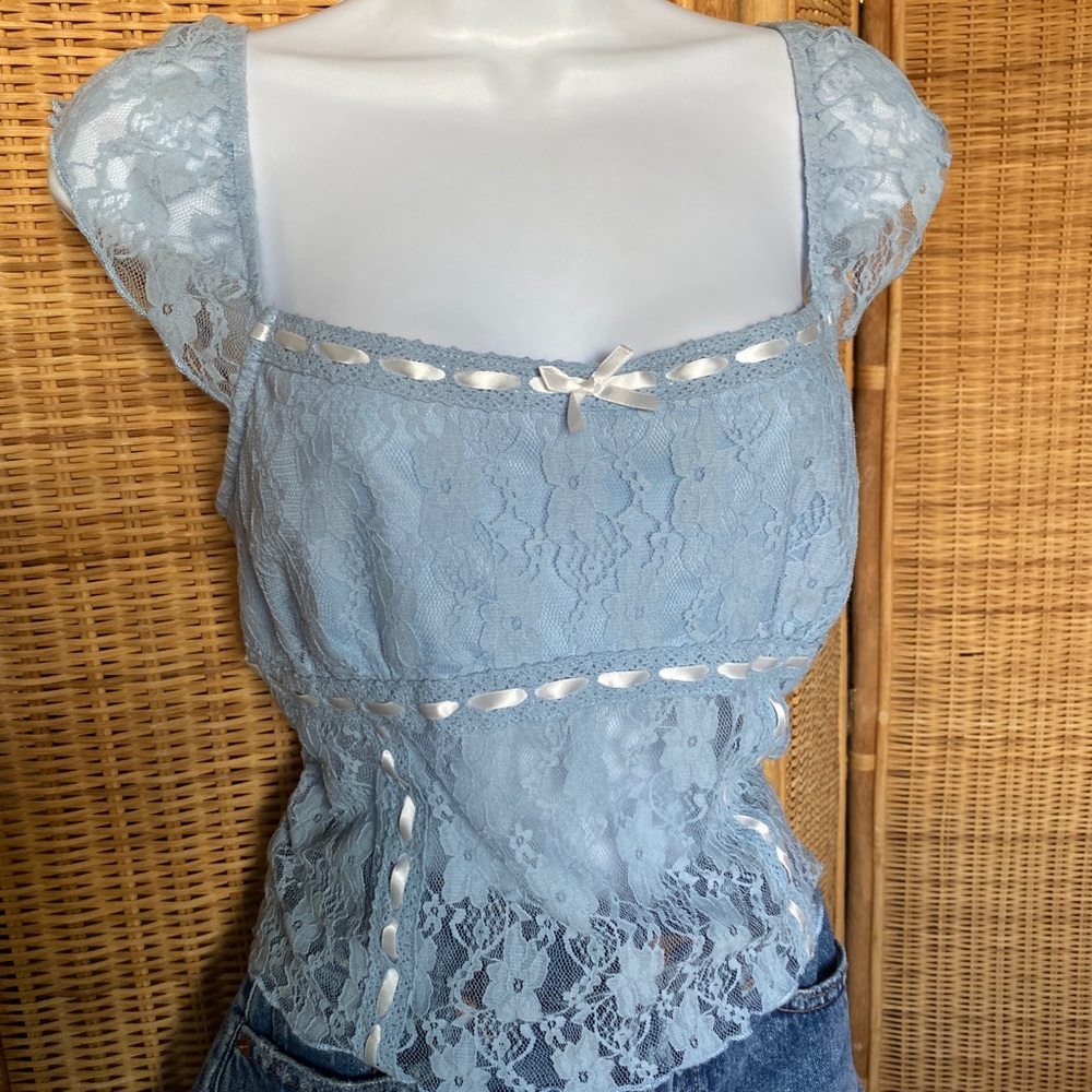 Lace Cap Sleeve Top in Light Blue